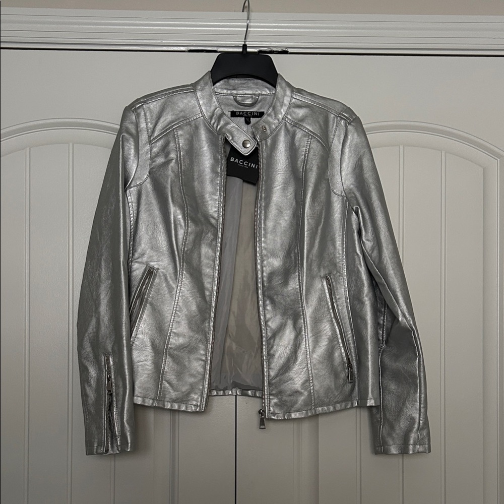 Baccini Metallic Silver Faux-Leather Moto Jacket